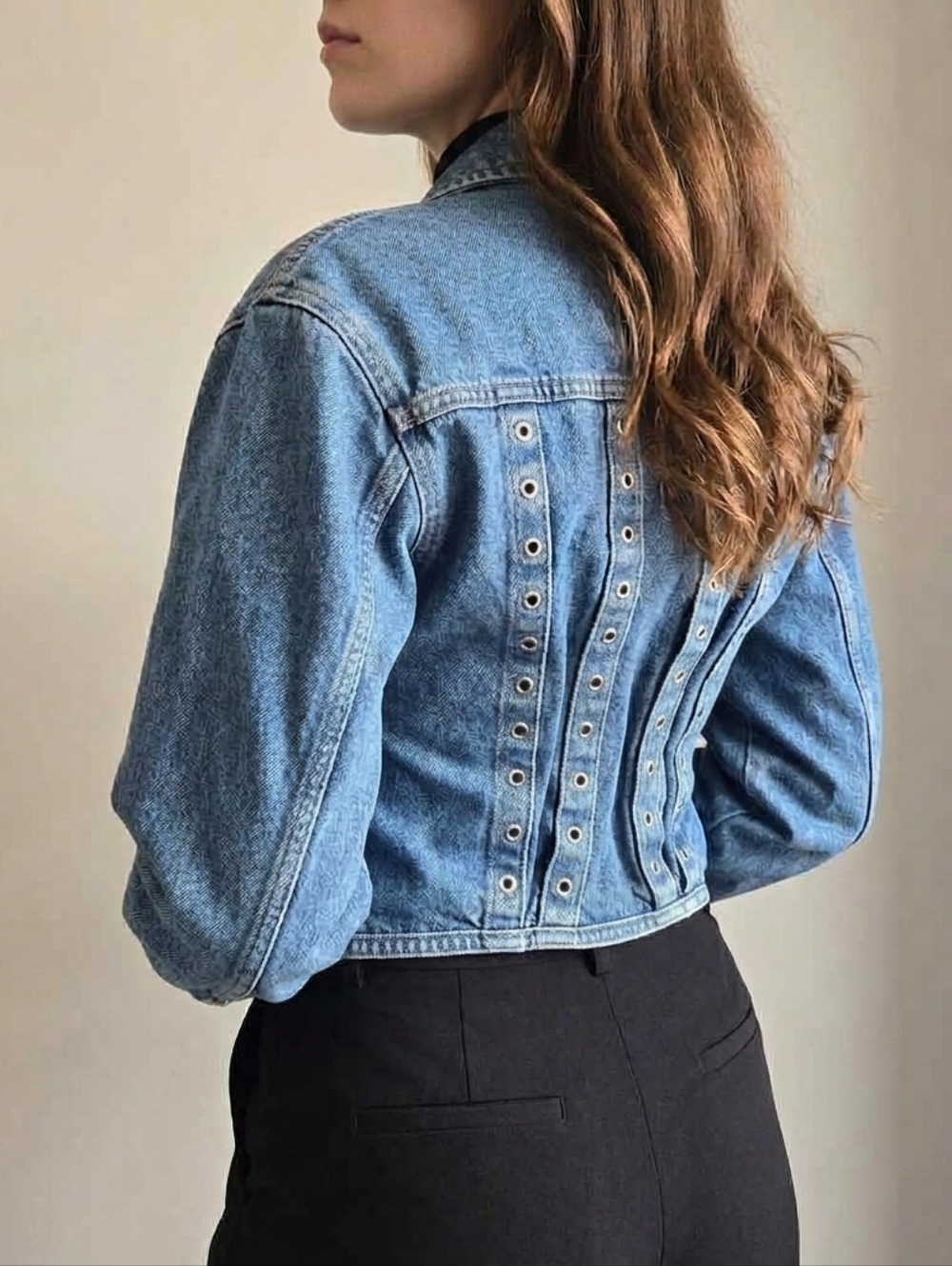 Maje Cropped Blue Denim Jean Jacket with Grommet Back Detail S